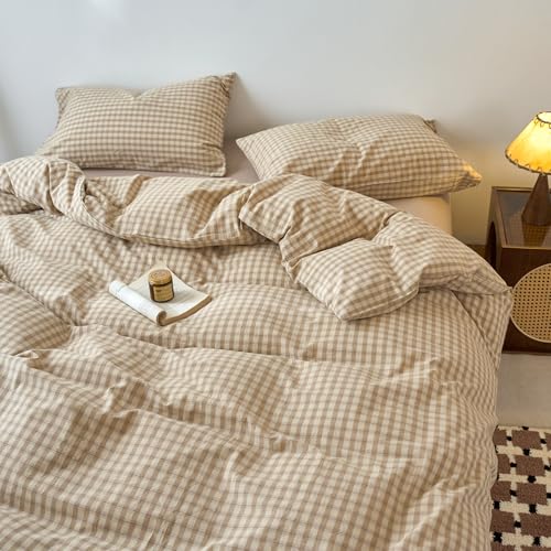 Image of EAVD Vintage Style Brown&Beige Plaid Duvet Cover Queen Soft 100% Washed Cotton Chic Checkered Gingham Bedding Set with 2 Pillowcases Farmhouse Brown Gingham Duvet Cover with Zipper Closure