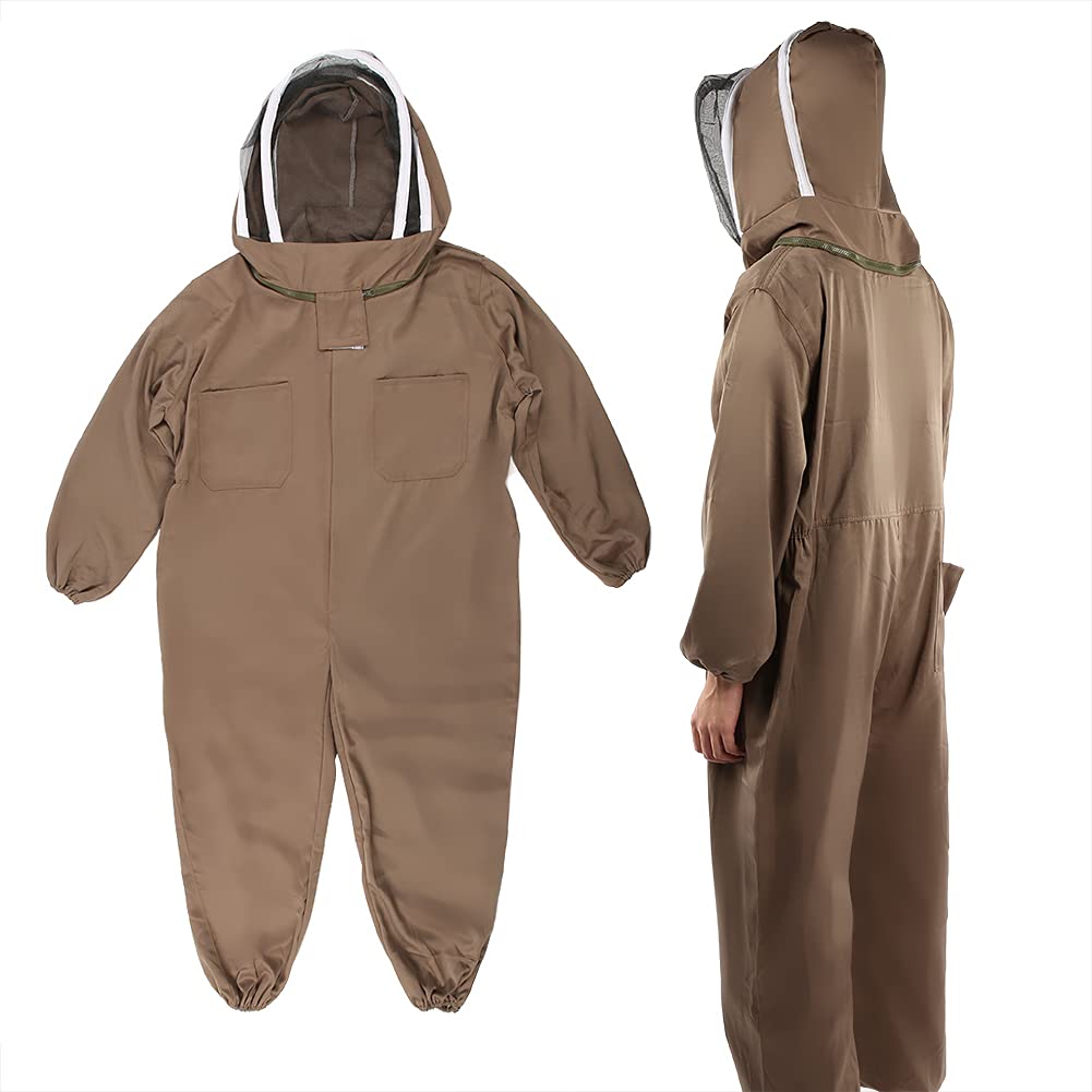 Tuta protettiva da apicoltura marrone chiaro – Grembiule traspirante monopezzo con velo HD e cerniera – Attrezzatura da apicoltura in morbido poliestere e cotone per hobbisti (XL)