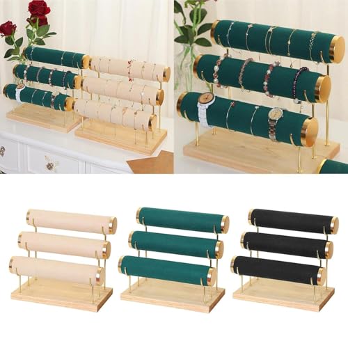 Image of Wooden Metal 3 Roll Cream Gold Metal Chrome Finished Wooden Jewellery Display Stand
