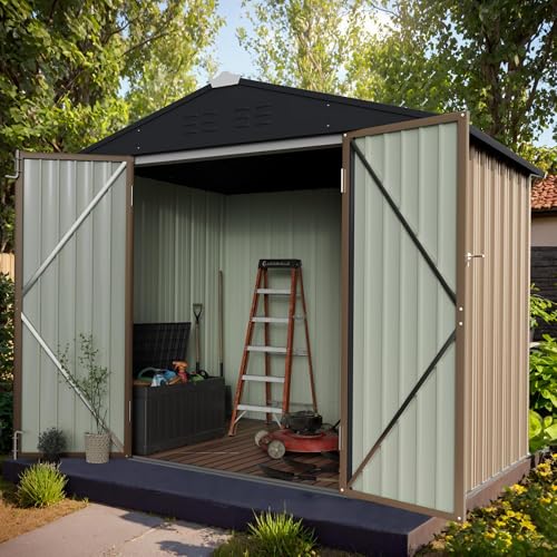 Image of GUNJI 8 x 6 FT Shed Outdoor Storage Shed Metal Garden Shed with Lockable Door Outside Waterproof Tool Shed for Backyard, Patio, Lawn (Brown)
