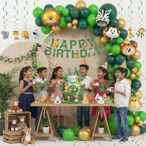 Image of Party Propz Jungle Theme Birthday Decoration Kit - 86 Pcs, Balloons for Birthday, Bday Decor Items with Animal Bday Cap, Jungle Happy Birthday Banner, Happy Birthday Decoration Kit (Cardstock)
