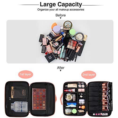 MONSTINA Travel Makeup Bag,Portable Cosmetic Train Case,2 Layer Large Capacity Makeup Organizer with 12 Brush Organizer and Zipper Pocket for Eye shadow Palette,Nail Tool,Beauty