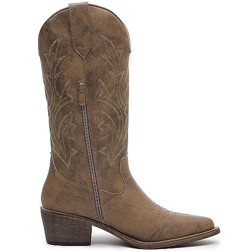Image of GLOBALWIN Women's Mid Calf Western Cowboy Boots Cowgirl Boots for Women with Floral Embroidery Side Zipper Chunky Heel