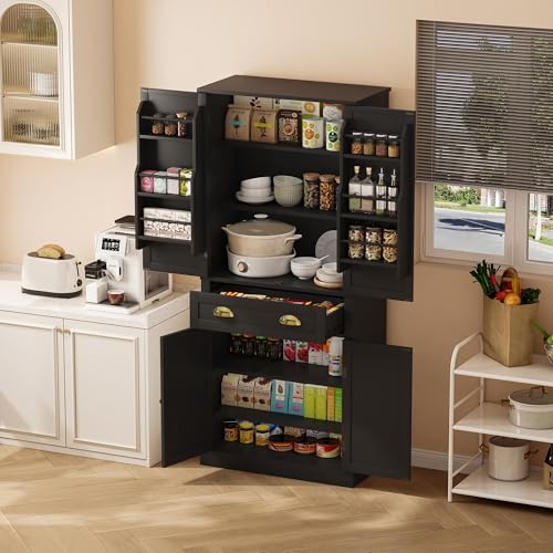 Rosebibi Armario de almacenamiento de 182 cm, 4 puertas y 1 cajón, 2 puertas con estantes, 6 compartimentos de almacenamiento y 4 estantes ajustables, adecuado para cocina, comedor y sala de estar