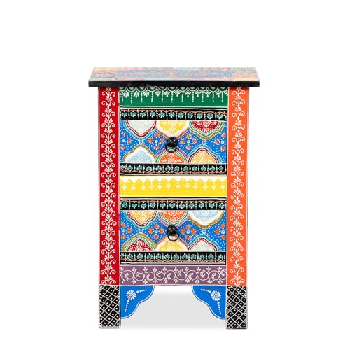 Image of Wooden Bedside Table for Bedroom with Drawer | Solid Wood Nightstand, Hand Painted Bed Side Table | Medium Size Storage Cabinet for Living Room, Multicolour-BS2