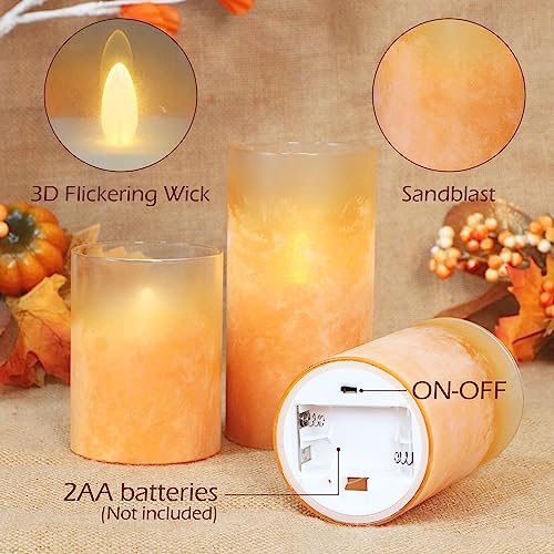 Image of Flameless Candles, Sandblasted Glass LED Candles, Battery Operated Flickering Candles with Remote & Timer, Real Wax Pillar Candles for Holiday Home Decorations
