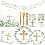 Sparkle and Bash 170-Piece Baptism & Confirmation Party Decorations & Tableware Set - Gold Cross with Green Border - 24 Plates, Cups, Napkins, Cutlery, Tablecloth & Banner