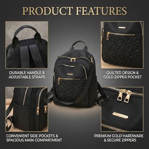 Image of Kraptick Women's Quilted Nylon Backpack Purse - Convertible Anti-Theft Shoulder Bag Waterproof Fashion Rucksack for College, Office & Travel (Black)