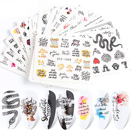 Nail Art Stickers, 16 Sheets Water Transfer Nail Decals Fashion Nail Stickers with Assorted Patterns Snake Skull Butterfly Letters Art Design for DIY Nails Design Manicure Tips Nail Art Decor