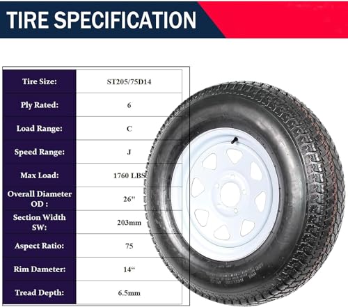 ST205/75D14 Trailer Tires and Wheels, 6PR Load Range C, 14in Fuel-saving Designed Trailer Tires 205 75 14 for Travel/Camper/Landscape/Cargo/Utility/Boat/Horse/Farm/Hauler Trailer (Set of 2)