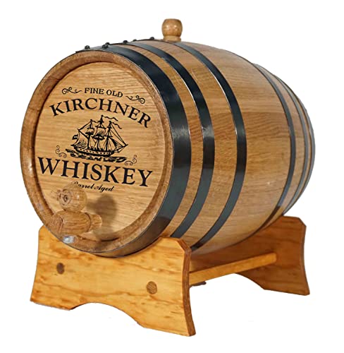Personalized 1 Gallon Oak Whiskey Barrel Dispenser (5 Liter) with Wood Stand, Bung, and Spigot - Small 5L Barrels For The Home Brewer, Distiller, Bourbon Maker and Cocktail Aging Bartender (B458)