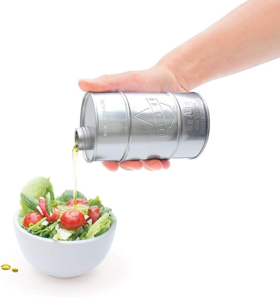 Oil & Co Olive Oil Dispenser, Food Grade Cooking Oil Container - Fun Metal Tin Can - Decorative Kitchen Oil Storage Canister - 400 ml, Silver