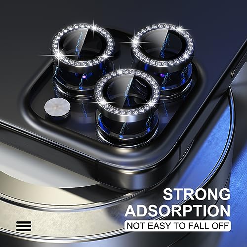 Choiche Compatible for iPhone 15 Pro/iPhone 15 Pro Max Camera Lens Protector Bling, 9H Tempered Glass Camera Cover Screen Protector Metal Ring Decoration Accessories (Diamond-Black)