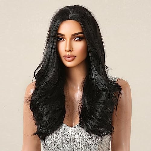 Image of El Cabell Black Wigs For Women Long Natural Hair Body Wave Middle Part Wig Lace In Forehead Synthetic Wig Glueless Wigs For Daily Part Use