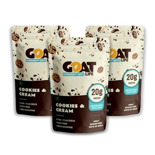 Image of GOAT Life Overnight Oats | 20g Protein | High Fibre | Nutrient-Rich | No Sugar | Gluten-Free & Vegan | Supports Weight Management & Muscle Recovery | Instant Breakfast (Cookies & Cream, Pack of 3)