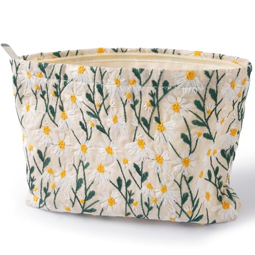 KESTAR Large Makeup Bag for Purse, White Daisy Floral Cosmetic Bag for Women Girls, Cute Flower Canvas Travel Toiletry Bag Organizer, Aesthetic Makeup Pouch Cosmetic Pouch with Zipper