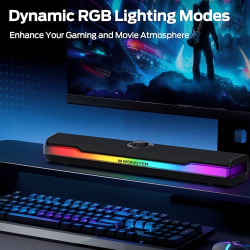 Image of Monster S330 Computer Speakers, HiFi Stereo Sound PC Speakers, Bluetooth 6.0 Computer Sound Bar with Dynamic RGB Light, USB /Type-C Plug & Play, Gaming Speakers for Computer Desktop, PC, Laptop, Tablet