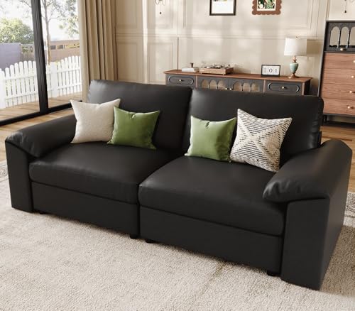 Image of EASE MOOSE Loveseat Sofa for Living Room,Oversized Deep Seat Modular Sectional,Classic Comfy 2 Seater Sofas,Scratch Resistant Faux Leather Couch for Small Spaces, Black