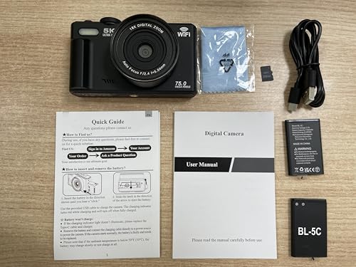 デジタルカメラ 5K録画 デジカメ 180度回転可能ディスプレイ ブラック Amazon | 7500万画素・5K動画撮影 デジタルカメラ 18倍ズーム
