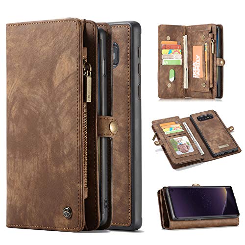 Flash Deals - 50% OFF Galaxy S10 Cover, Harsel 11 Card Slot Magnetic Snap Closure Detachable Removable Leather Wallet Purse with Zipper Pocket Wrist Strap Protective Cases for Samsung Galaxy S10 (Brown)