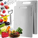 2 Stück Titan Schneidebrett, Schneidbrett aus 304 Edelstahl, Titanium Cutting Board mit Schäler, Doppelseitiges Lebensmittel Grade Schneidebrett, Titanium Cutting Board für Fleisch, Obst, Brot, Gemüse