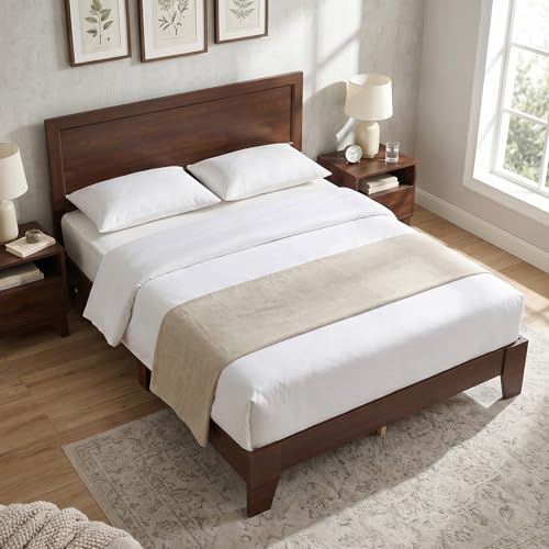 KOMFOTT Queen Size Bed Frame, Mid-Century Modern Platform Bed with Headboard, Wooden Slat Support Mattress Foundation, Under-Bed Storage Space, No Box Spring Needed (Walnut,Queen)