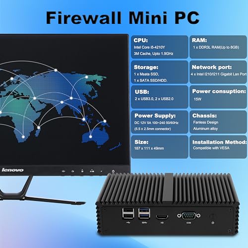 Image of Mini PC Firewall K4210YL with Core i5-4210Y (4Gb Ddr3 Ram 128Gb SSD) Fanless PC, 4 Intel Gigabit LAN, 1*COM RS232, AES-NI, Used as a Router /Firewall /Proxy /Home Office Computer