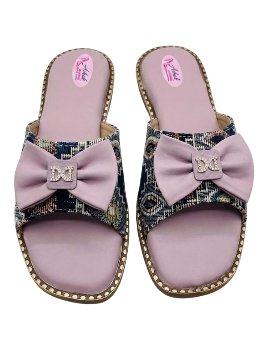 Synthetic Leather Slide Sandals for Women | Slip-On Flat Sandal with Woven Pattern Upper, Bow Detail & Metal Accent | Comfortable Footbed, Casual Footwear for Festive Occasions (Purple)-image-11