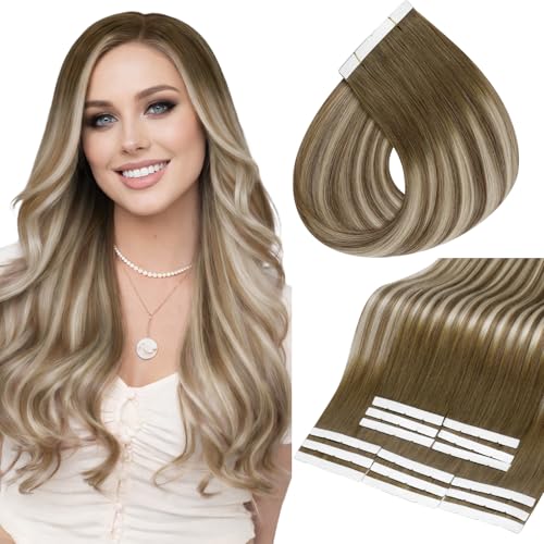 Image of Full Shine Wide Tape in Extensions, Ash Brown Beige Blonde 18 Inch | 75g 15 PCS, Invisible Remy Tape Ins Human Hair Extensions, 8cm Weft, Added Fullness, Straight Finish, Occasion Styling