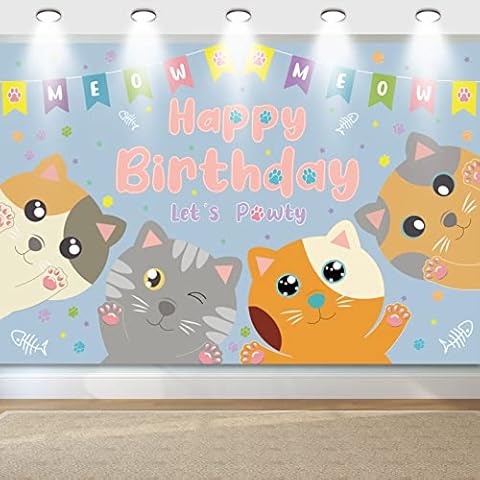 Cat Happy Birthday Backdrop, Lets Pawty Backdrop, Cat Birthday Party Decorations Kitten Photography Background for Pets, Kitty Lover, Kids, Cat Theme Birthday Party Supplies (A) Cover