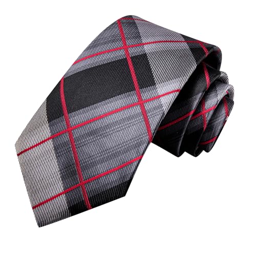 Image of Hi-Tie Mens Plaid Ties Classic Paisley Necktie with Handkerchief Cufflinks Set Business Stripe Tie