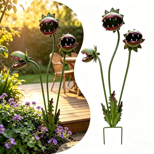 JENPECH 2026 Whimsical Metal Carnivorous Plant Garden Stake 25-Inch Large Carnivorous Plant Garden Stake Venus Flytrap Monster Plant Sculpture for Flower Beds Patios & Planters (25 in)
