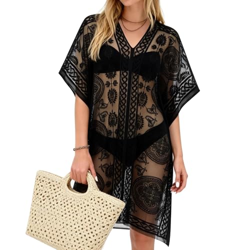 DiULi Camisolas y Pareos Mujer, Salida de Baño, Traje de Baño Cover Up, Cubretraje Suelto de Bikini, Encaje Kimono Playa, Cuello en V, Sexy y Elegante, para Verano Vacaciones, Piscina y Fiesta, Negro
