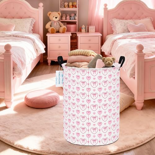Image of Round Laundry Basket Collapsible Storage Hamper Organizer Pearl Heart | Waterproof Canvas Foldable Baskets with sturdy Handles Multi-scene Organizer for Home Play Bedroom Gift Bin