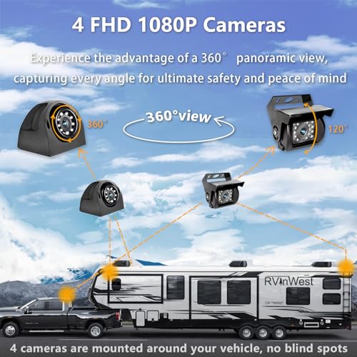 Image of RV Backup Camera System with 7'' Monitor Wired for RV Semi Box Truck Trailer Bus, 4 Split Screen Quad View HD DVR Record Monitor + IP69 Waterproof Night Vision Rear Side View Camera Avoid Blind Spot