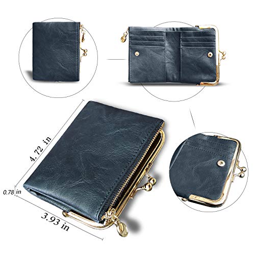 Image of AOXONEL Womens Wallet Small Rfid Ladies Compact Bifold Leather Vintage Coin Purse With Zipper and Kiss Lock, Blue, Small, Rfid Wallet