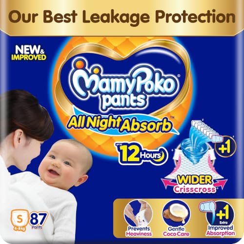 Image of New Mamypoko Pants Premium All Night Absorb| Pant Style Baby Diapers Small Size(S), 87 Count, Ideal for 4-8Kgs|1 Diaper= Upto All Night Absorption now with increased power of +1glass|Wider Crisscross Sheet|Gentle Coco Care| 12hr Leakage Protection| Prevents Heaviness.
