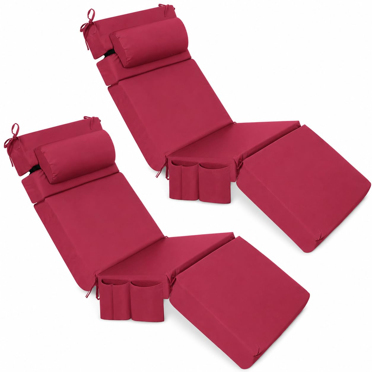 TDHLW ,burgundy,2pc, 2 PCS Waterproof Chaise Lounge Chair Cushions, 4" Thick Outdoor Folding Recliner Cushion Pads with Headrest, Side Storage Pockets, Secure Ties for Patio, Poolside, Lawn