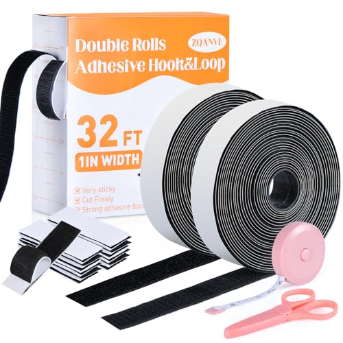 32Ft x 1 Inch Heavy Duty Hook and Loop Tape with Adhesive Back - Double Sided Strong Sticky Strips...