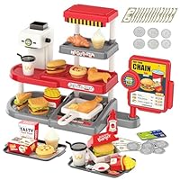 Cash Register Toy for Kids - Pretend Play Fast Food Store & Kitchen with Play Money, Sound and Credit Card - 71 Pcs Play Food Sets Kitchen with Burgers, Wings and Fries, Toy Till for kid Ages 3+