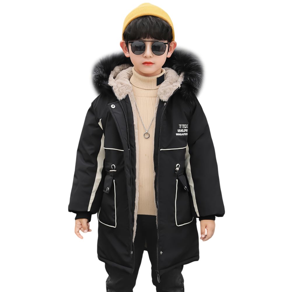 Veste Garcon Chaud Coupe-vent Manteau Enfant Epais Polaire Blouson Long Décontracté Hiver Vêtement avec Capuche à Col de Fourrure