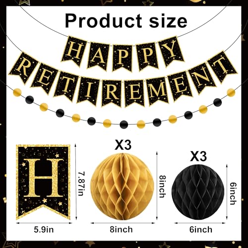 Image of Happy Retirement Party Decorations Kit Black Gold Retirement Banner Hanging Swirls and Honeycomb Balls Retirements Party Supplies for Farewell Goodbye Retirements Going Away Party Decorations