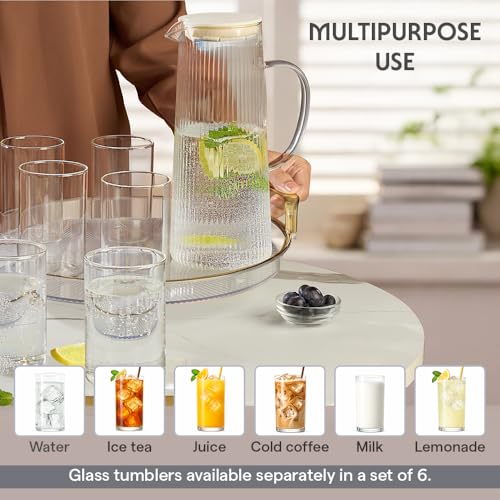 Image of Borosil 1.35 L Breeze Glass Jug with Acacia Wood Lid | Borosilicate Glass Water & Juice Pitcher | Refrigerator Safe | Elegant Serving Jug for Home & Dining