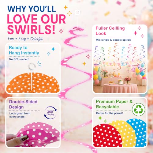 Image of HonuGoGo 48-Piece Paper Swirl Decorations for Ceiling, Bright Polka Dot Multi-Color Single & Double Spiral Hanging Decor with Playful Style for Birthday Parties, Carnival & Classroom Celebrations