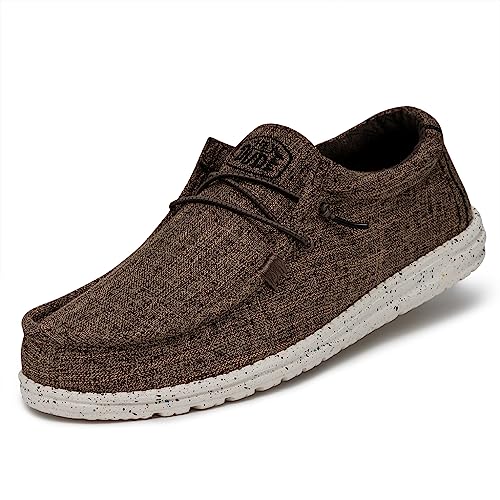 Image of HEYDUDE Men's Wally Blend Linen Slip On Loafer, Linen Dark Brown Size 12 | Lightweight Casual Shoe with Easy On Elastic Laces