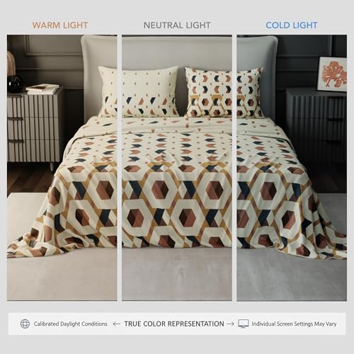 Image of BLISSHOME SoftTouch 150TC Cotton King Size Printed Bedsheet with 2 Pillow Covers for Double Bed, Silky Smooth Bedding Set, Breathable, Easy Maintain, Geometric Pattern - Beige (228cm X 274cm)