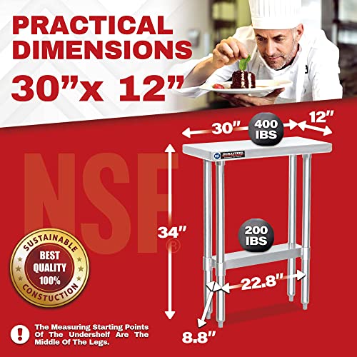 Food Prep Stainless Steel Table - Durasteel 30 X 12 Inch Commercial Metal Workbench With Adjustable Under Shelf - Nsf Certified - For Restaurant, Warehouse, Home, Kitchen, Garage #TOP5