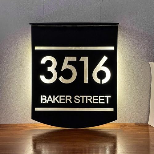 Plaque de numéro de maison solaire personnalisée noire à LED blanche