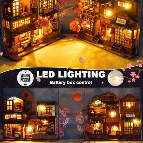Vmxlso Diy Book Nook Kit, 3D Puzzle Holz Booknook, Diy Miniatur Haus mit Möbeln und LED Leuchten, Diy Miniature House Dekoration, Nook Book Modellbausätze für Erwachsene zum Bauen (Kirschblüten Gasse)