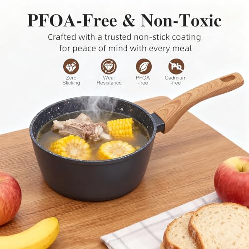 Image of 2-Piece Nonstick Cookware Set,10.25 Inch Frying Pan & 1.43QT Saucepan with Lid, PFAS PFOA Free Non-Toxic Coating, Heavy Bottom Even Heat, Induction Compatible, Dishwasher Safe - Black